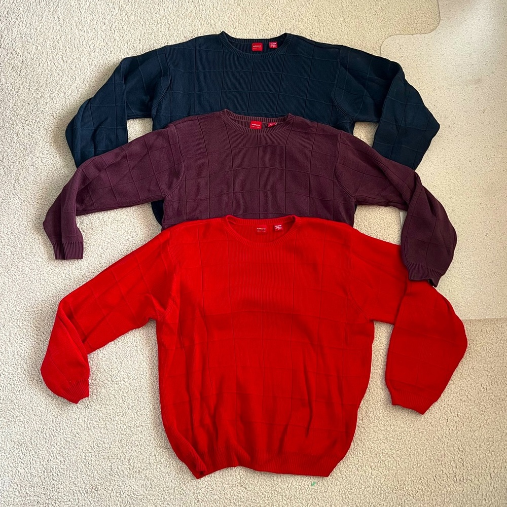 SOLD Bundle: 3 Mens sweaters, red, navy, cranberry. All size L. 100% cotton.
